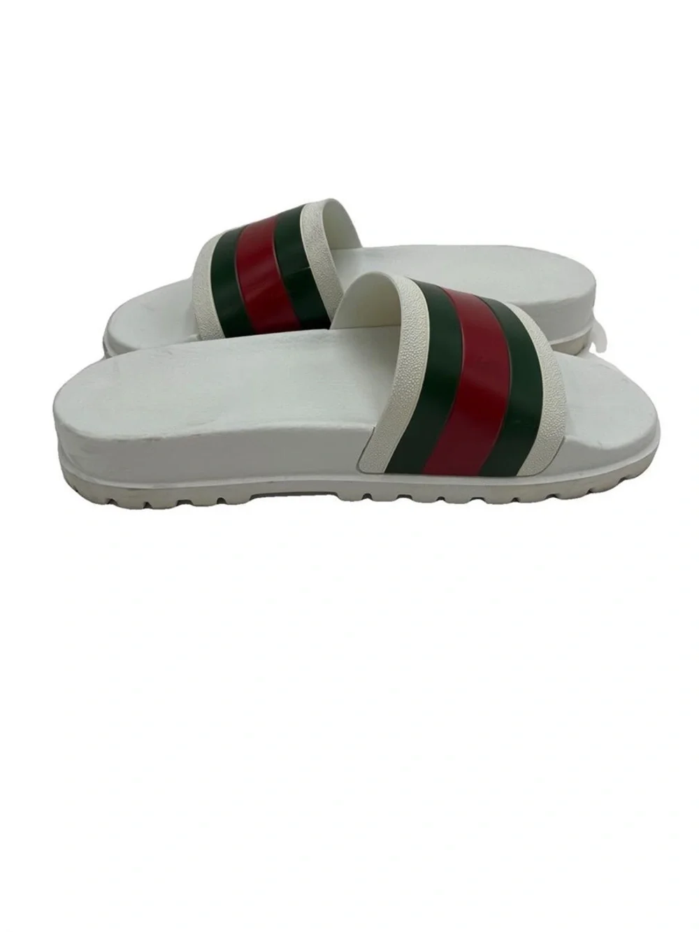 Gucci White Slides with Green and Red Striped Strap
